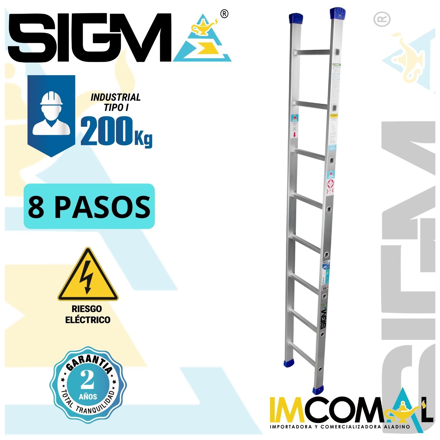 ESCALERA ALUMINIO ARRIMO DE 8 PASOS. CAP. MAX. DE CARGA: 200 KG. TIPO I (INDUSTRIAL) - 1