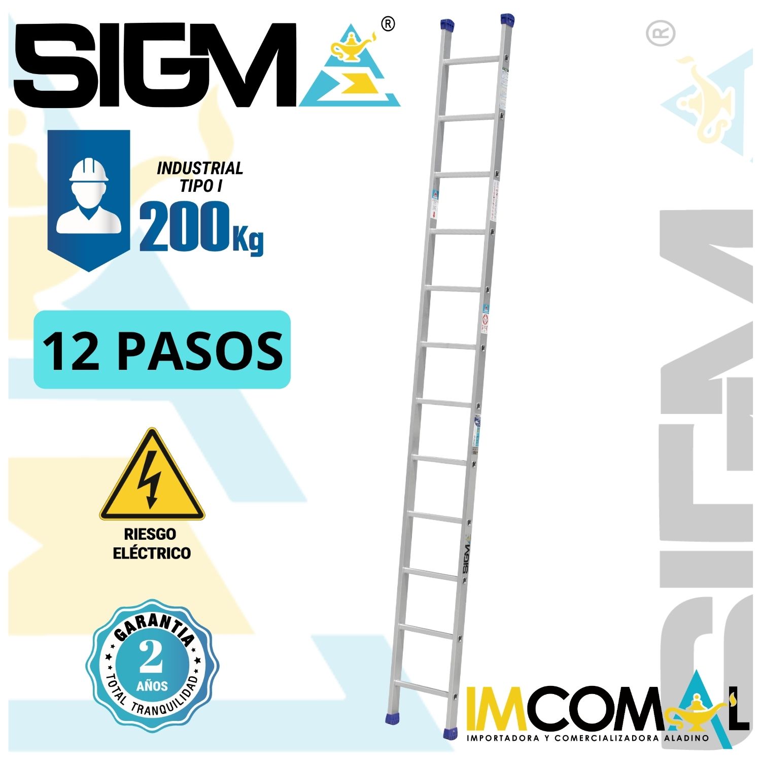 ESCALERA ALUMINIO ARRIMO DE 12 PASOS. CAP. MAX. DE CARGA: 200 KG. TIPO I (INDUSTRIAL) - 1
