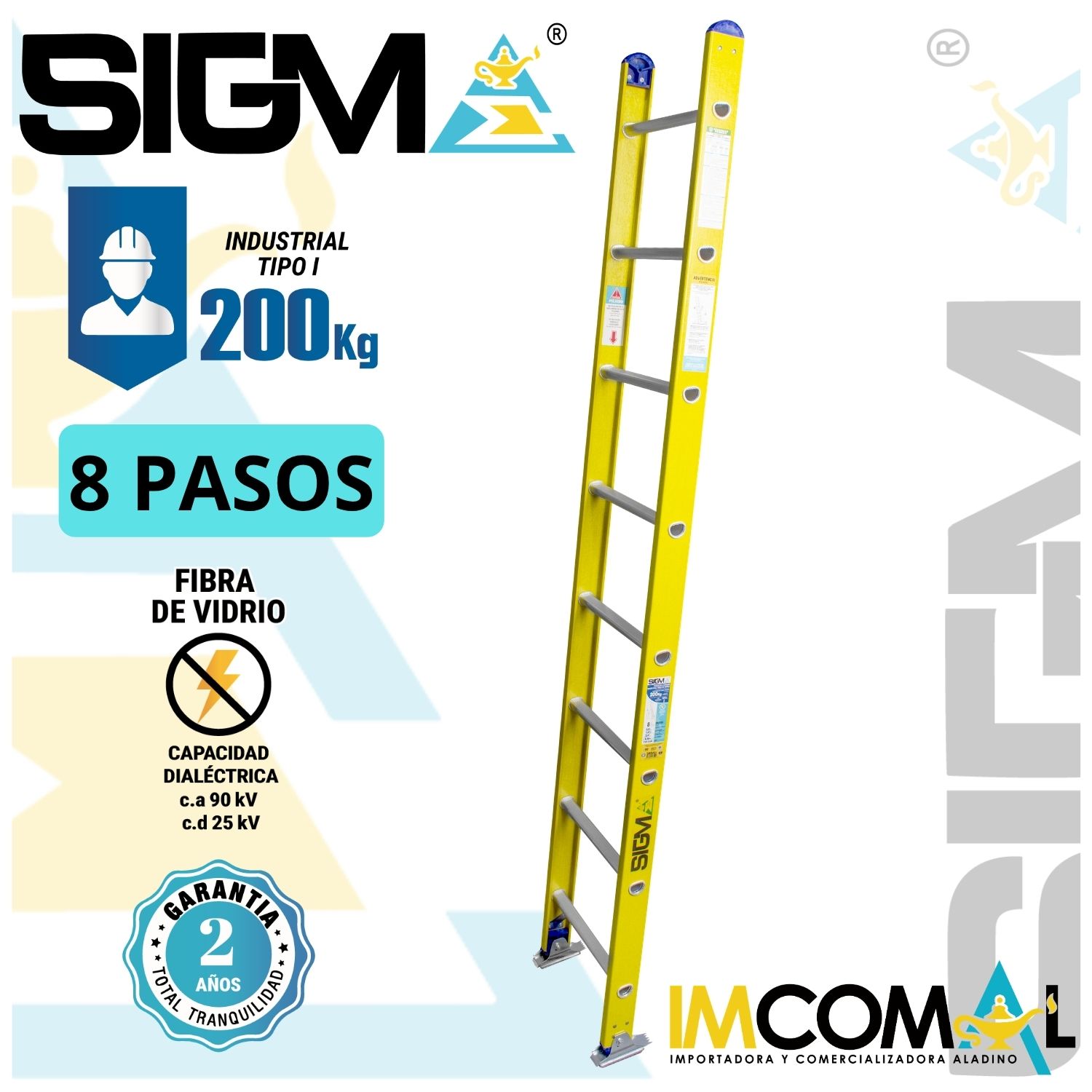 ESCALERA FIBRA DE VIDRIO ARRIMO DE 08 PASOS. CAP. MAX. DE CARGA: 200 KG. TIPO I (INDUSTRIAL) - 1
