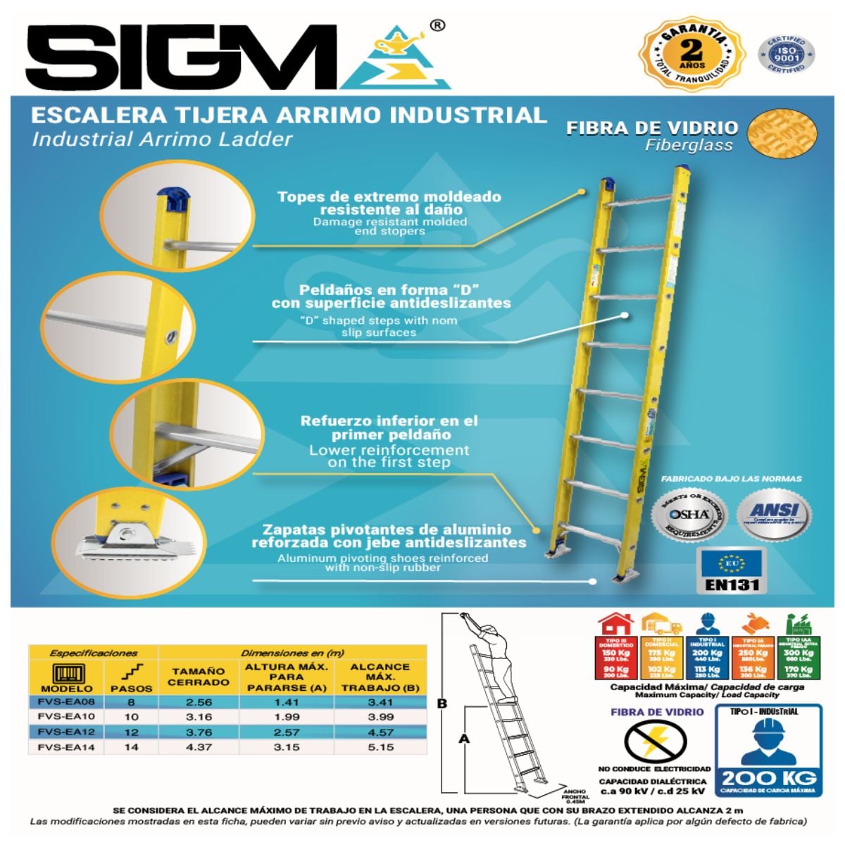 ESCALERA FIBRA DE VIDRIO ARRIMO DE 10 PASOS. CAP. MAX. DE CARGA: 200 KG. TIPO I (INDUSTRIAL) - 2