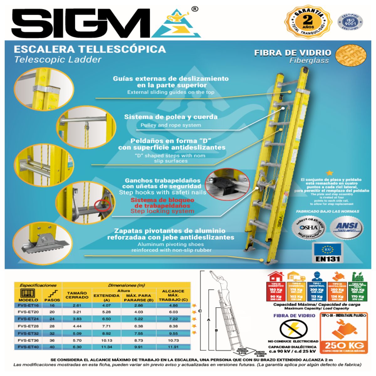 ESCALERA FIBRA DE VIDRIO TELESCÓPICA DE 24 PASOS. CAP. MAX. DE CARGA: 250 KG. TIPO IA (INDUSTRIAL PESADO) - 2