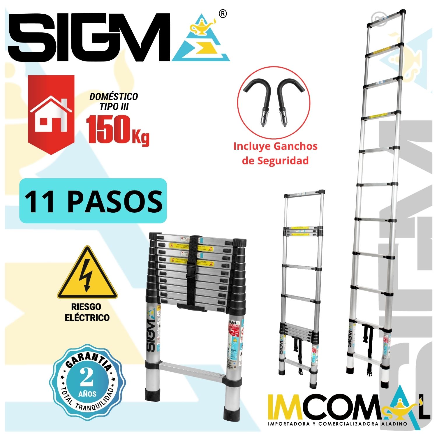 ESCALERA  ALUMINIO ARRIMO ACOPLABLE  DE 11 PASOS. CAP. MAX. DE CARGA: 150 KG. TIPO III (DOMESTICA) - 1