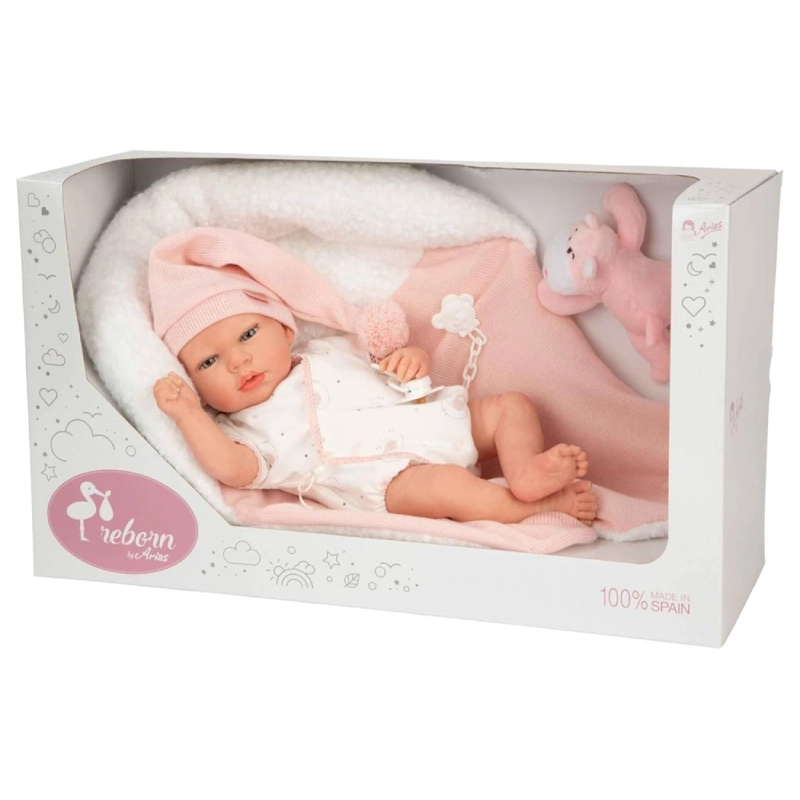 BEBÉ REBORN ARIAS 40CM ARIEL ROSA CON MANTA Y PELUCHE - 1