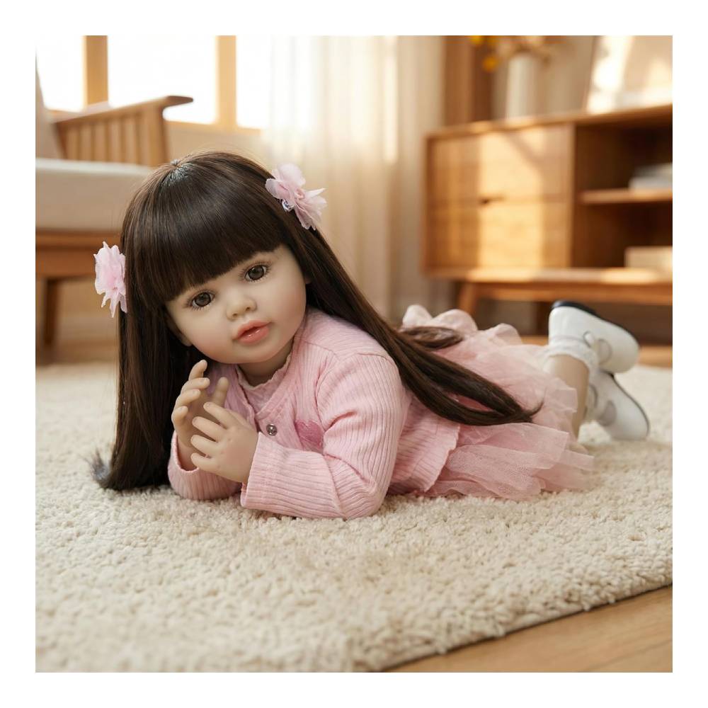 MUÑECA REBORN 55 CM INTERACTIVA CON FUNCIONES VESTIDO ROSA Y CHOMPA - 2