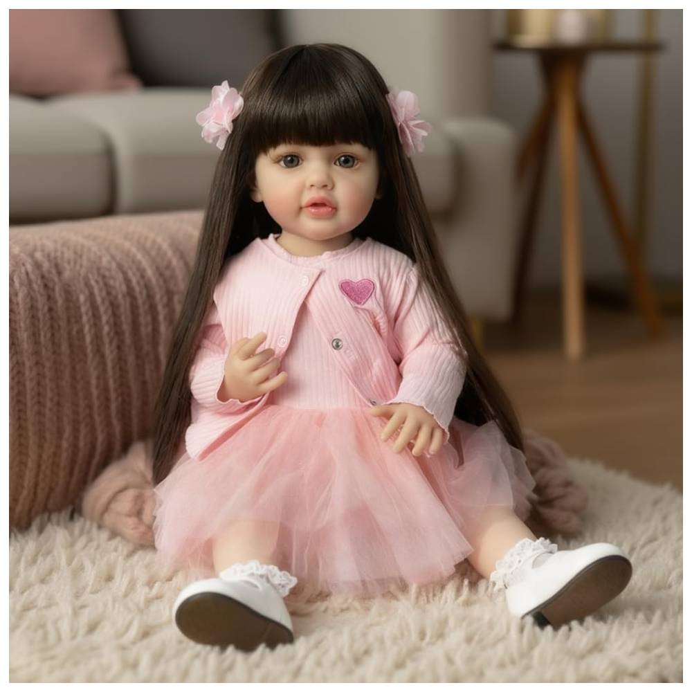 MUÑECA REBORN 55 CM INTERACTIVA CON FUNCIONES VESTIDO ROSA Y CHOMPA - 3
