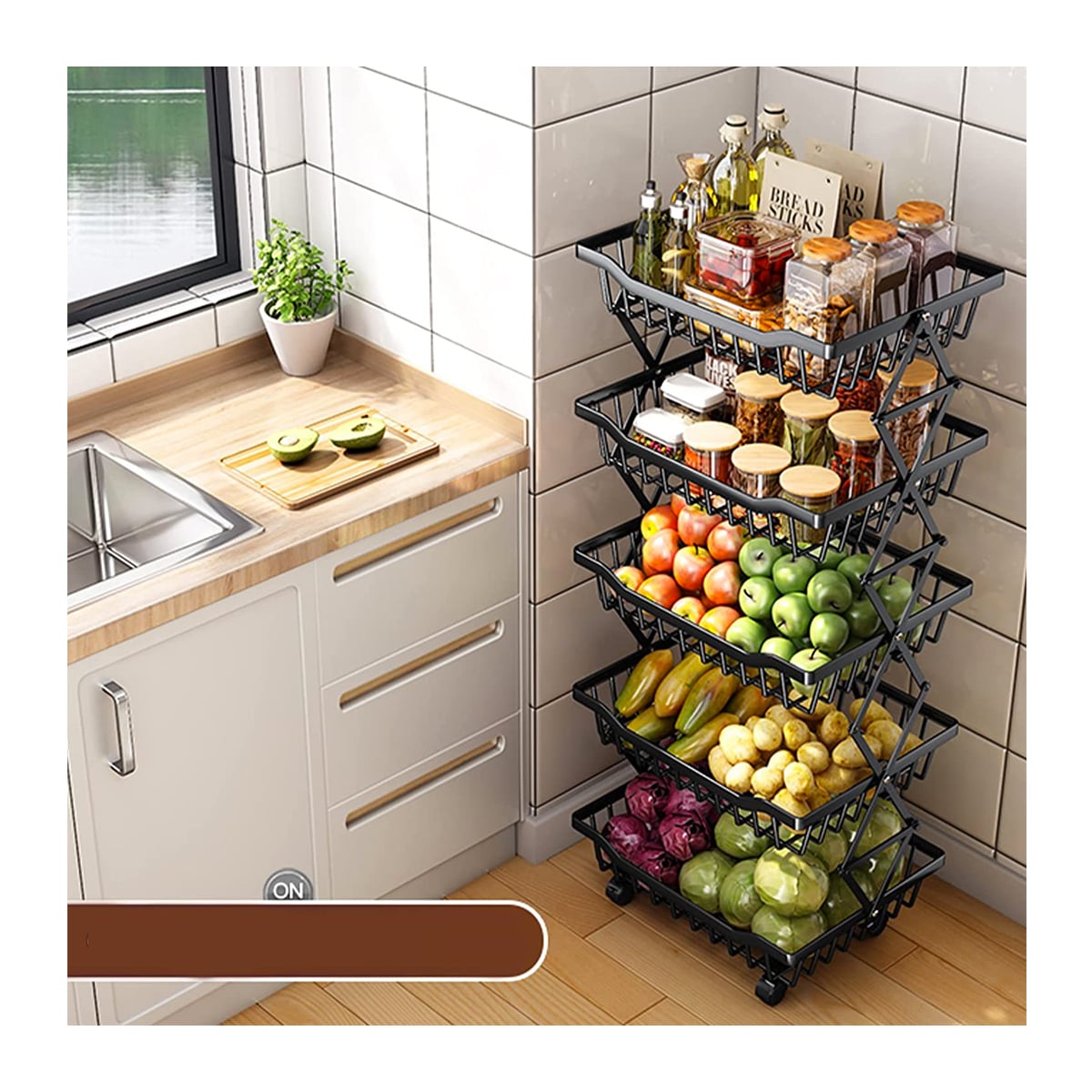 ESTANTE ORGANIZADOR VERDULERO FRUTERO PLEGABLE 5 PISOS RUEDAS NEGRO - 1