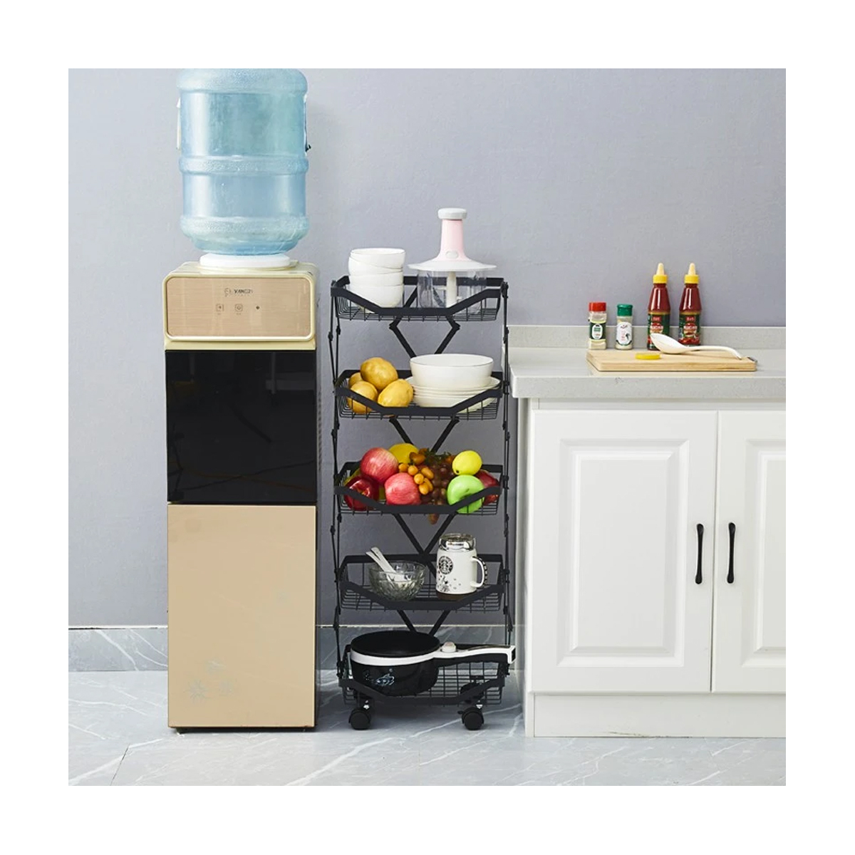ESTANTE ORGANIZADOR VERDULERO FRUTERO PLEGABLE 5 PISOS RUEDAS NEGRO - 2