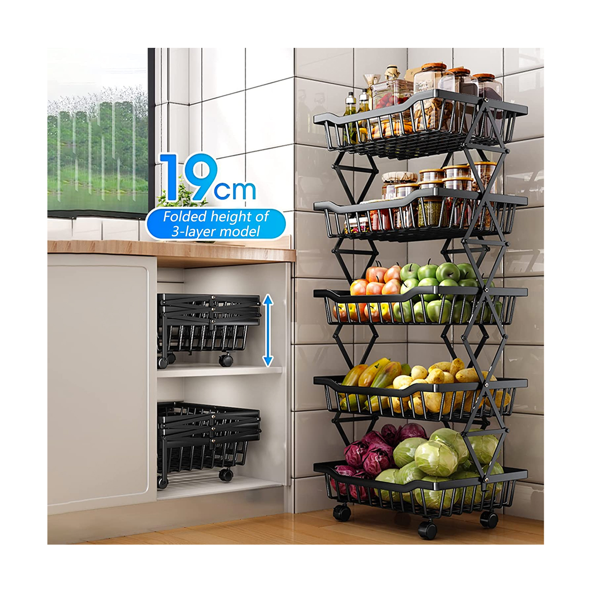 ESTANTE ORGANIZADOR VERDULERO FRUTERO PLEGABLE 5 PISOS RUEDAS NEGRO - 3