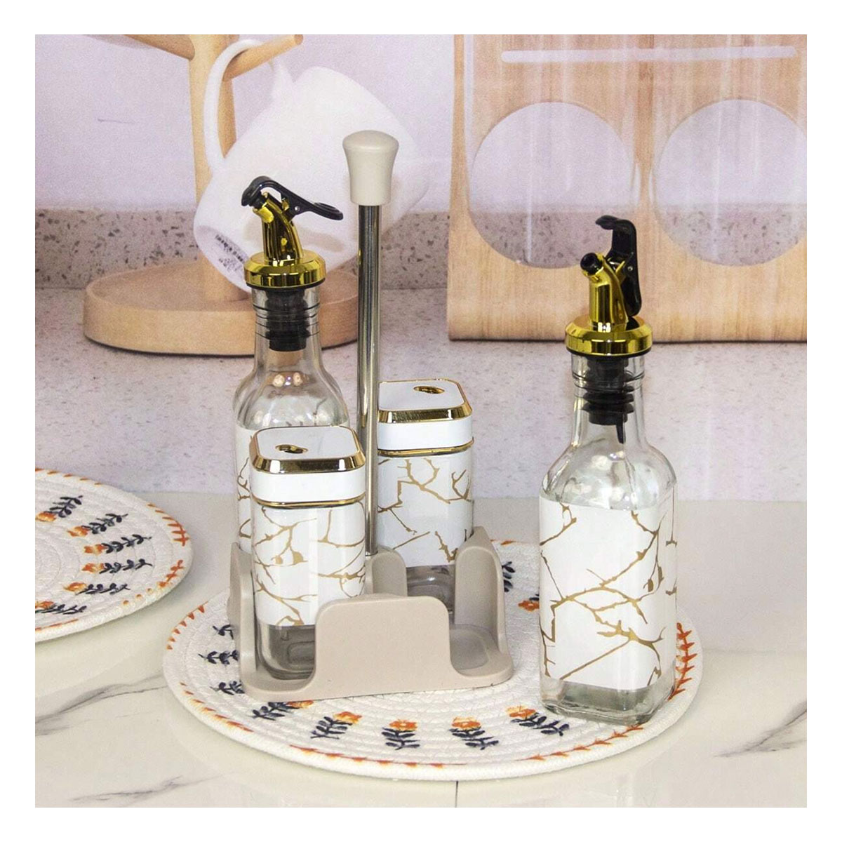 SET DE DISPENSADOR DE ACEITE VINAGRE Y CONDIMENTEROS ESPECIEROS 4 PIEZAS - 4