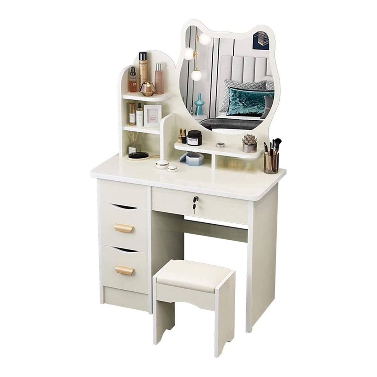 TOCADOR DE MAQUILLAJE ESPEJO TABURETE PARA DORMITORIO GATO BLANCO - 1