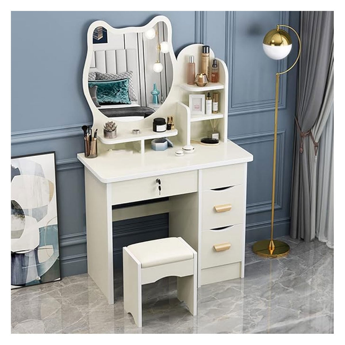 TOCADOR DE MAQUILLAJE ESPEJO TABURETE PARA DORMITORIO GATO BLANCO - 2