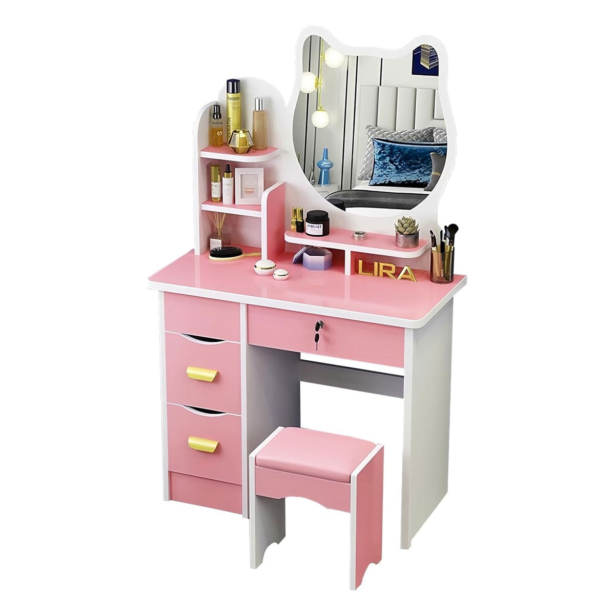 TOCADOR DE MAQUILLAJE ESPEJO TABURETE PARA DORMITORIO GATO BLANCO - 3