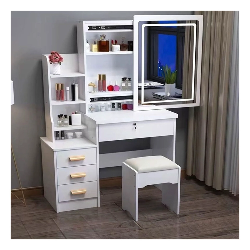 TOCADOR DE MAQUILLAJE ESPEJO CON LUZ LED TABURETE PARA DORMITORIO BLANCO - 2