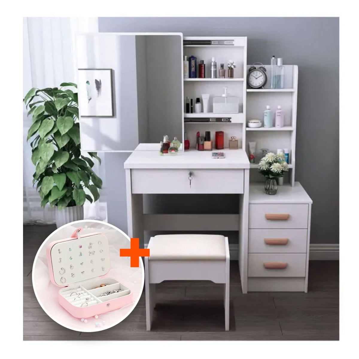 TOCADOR DE MAQUILLAJE CON ESPEJO TABURETE + REGALO JOYERO PORTÁTIL - 1