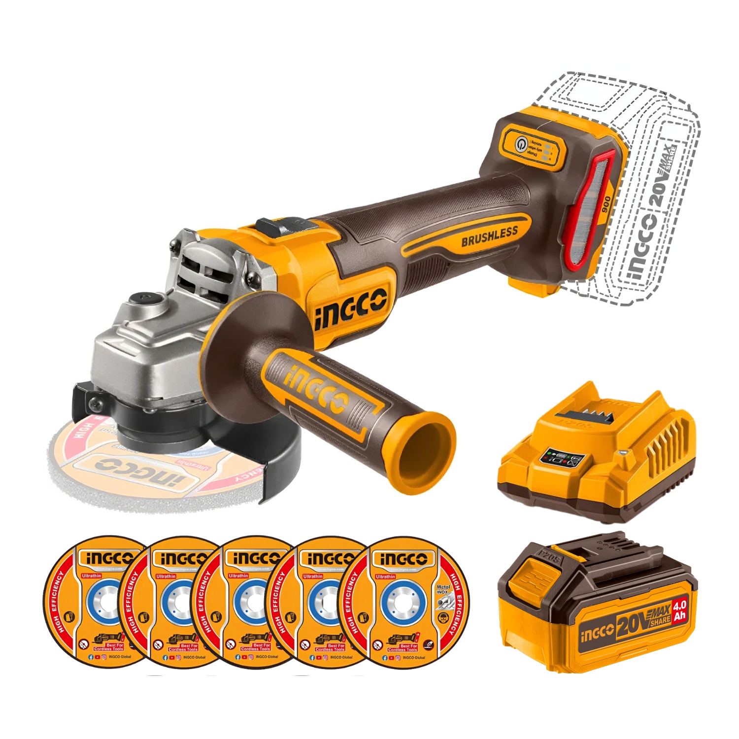 AMOLADORA INALÁMBRICA 900W + BATERÍA 4AH Y CARGADOR INDUSTRIAL INGCO - 1