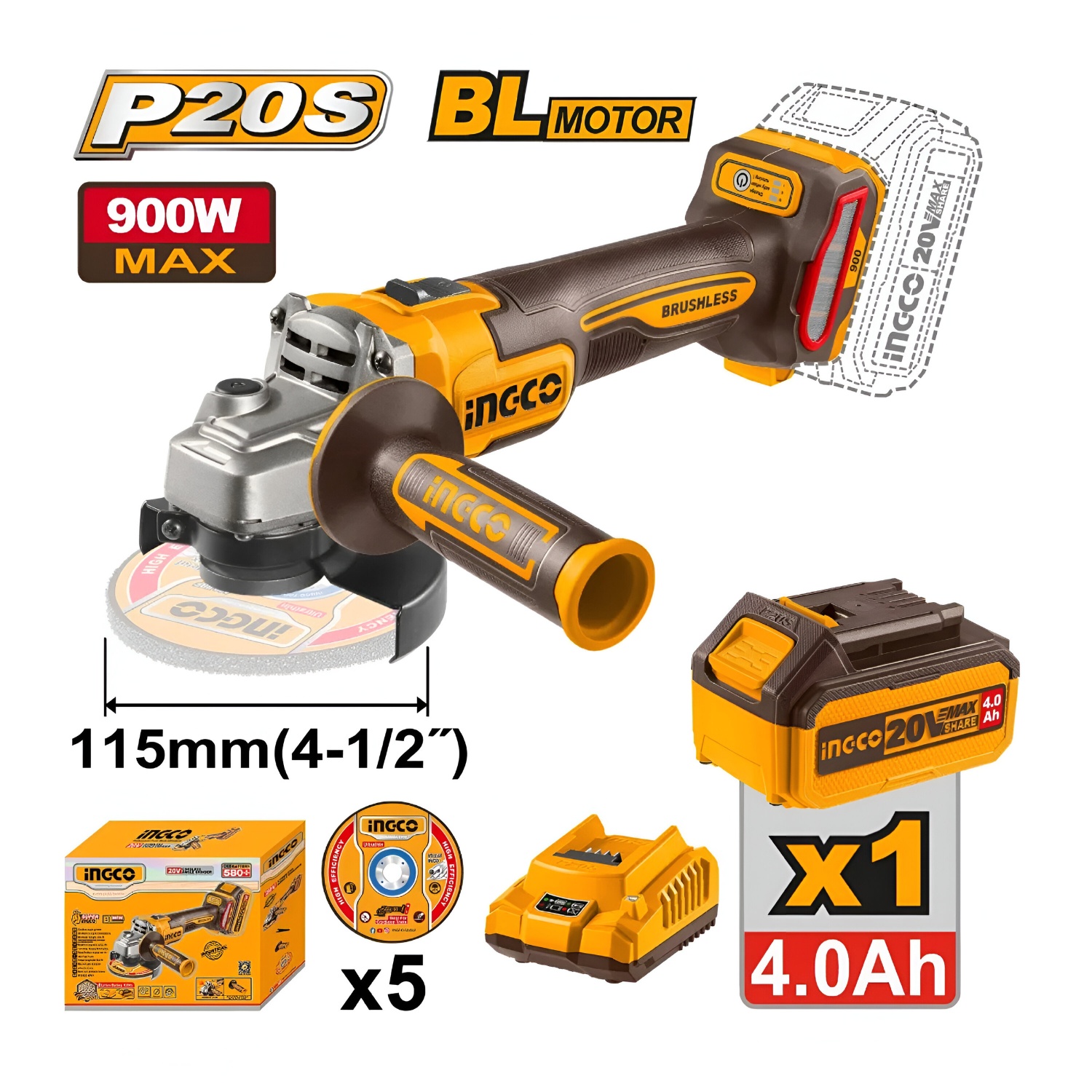 AMOLADORA INALÁMBRICA 900W + BATERÍA 4AH Y CARGADOR INDUSTRIAL INGCO - 2