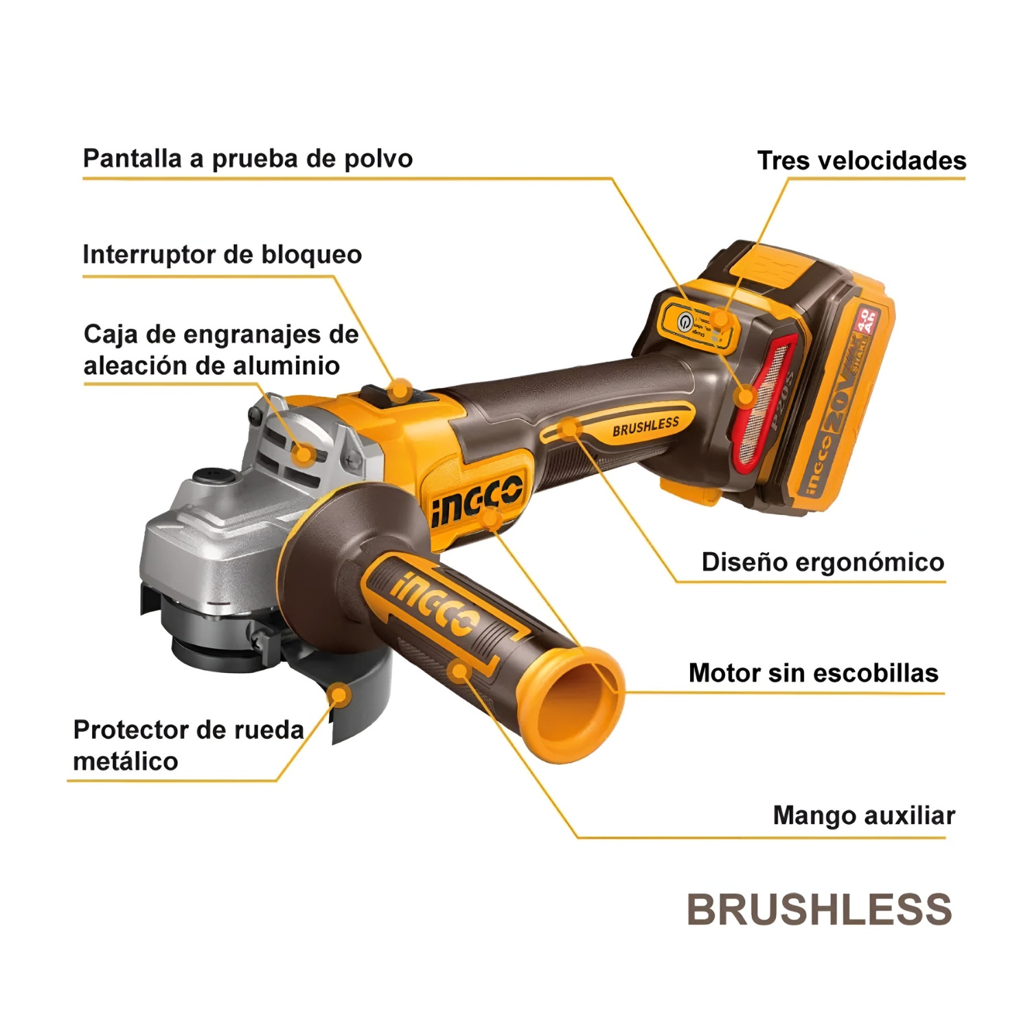 AMOLADORA INALÁMBRICA 900W + BATERÍA 4AH Y CARGADOR INDUSTRIAL INGCO - 4