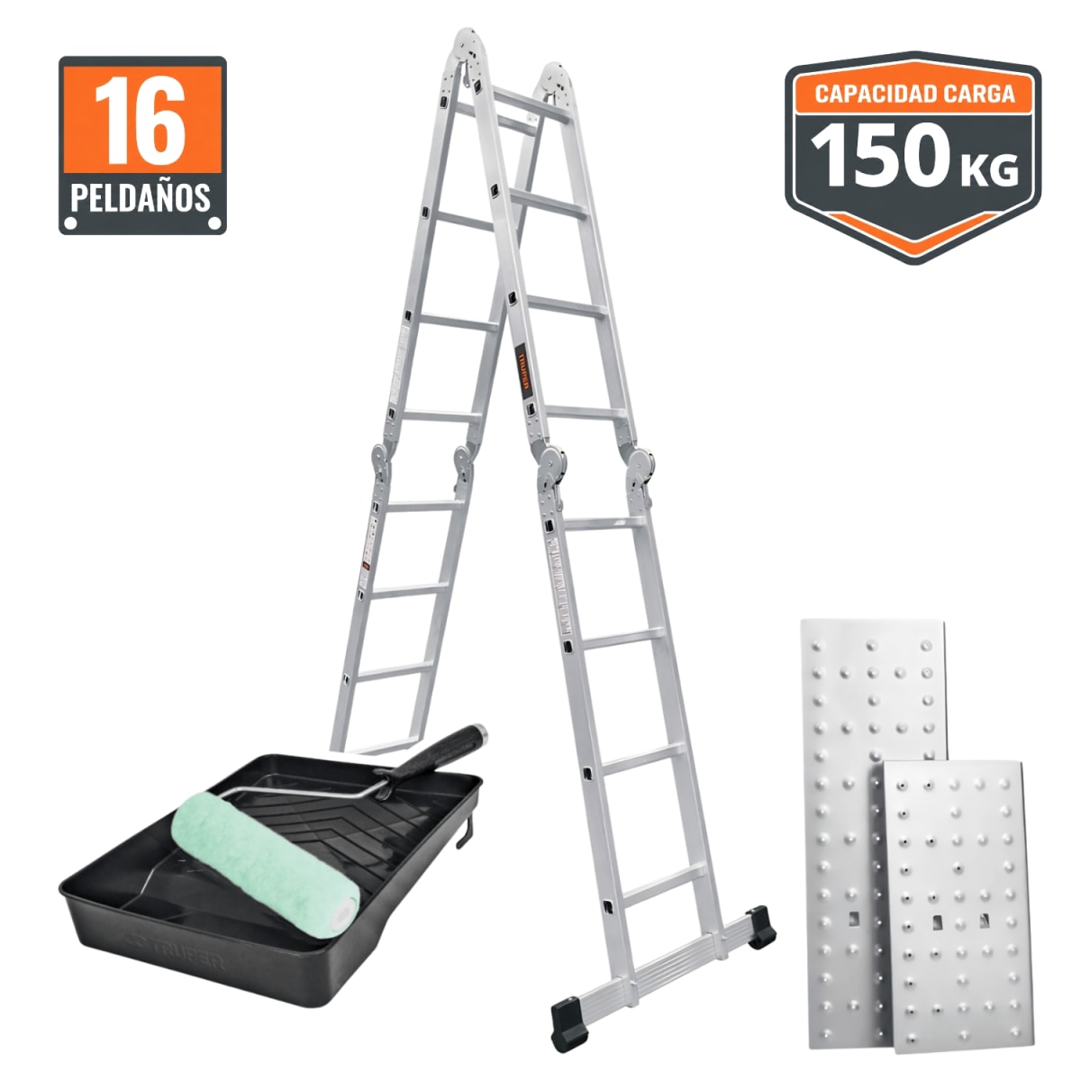 COMBO ESCALERA MULTIPOSICION 16 PASOS + RODILLO Y BANDEJA TRUPER - 1