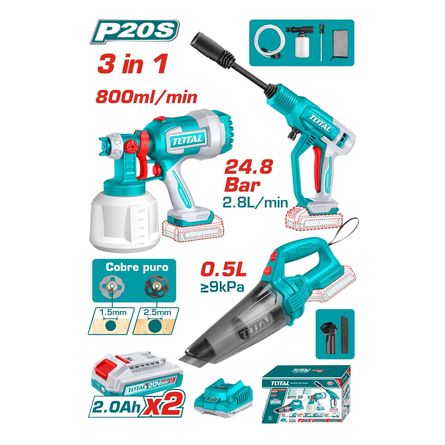 COMBO PISTOLA PARA PINTAR + HIDROLAVADORA + ASPIRADORA 20V TOTAL - 2