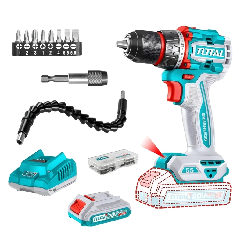 TALADRO ATORNILLADOR 55NM + ACCESORIOS + BATERIA Y CARGADOR 20V TOTAL - 1