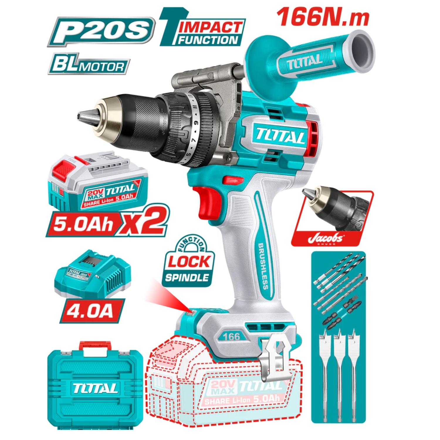 TALADRO PERCUTOR 166NM + 2 BATERIAS 5AH + CARGADOR 20V TOTAL - 4