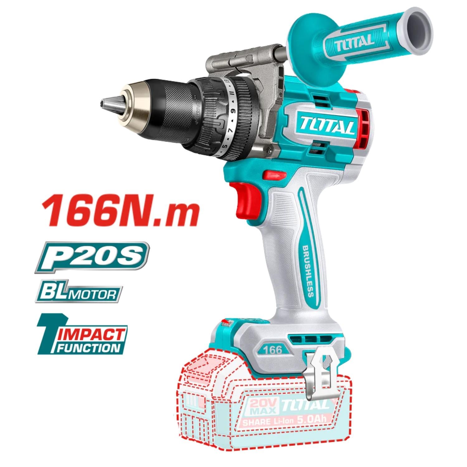 TALADRO PERCUTOR 166NM + 2 BATERIAS 5AH + CARGADOR 20V TOTAL - 5