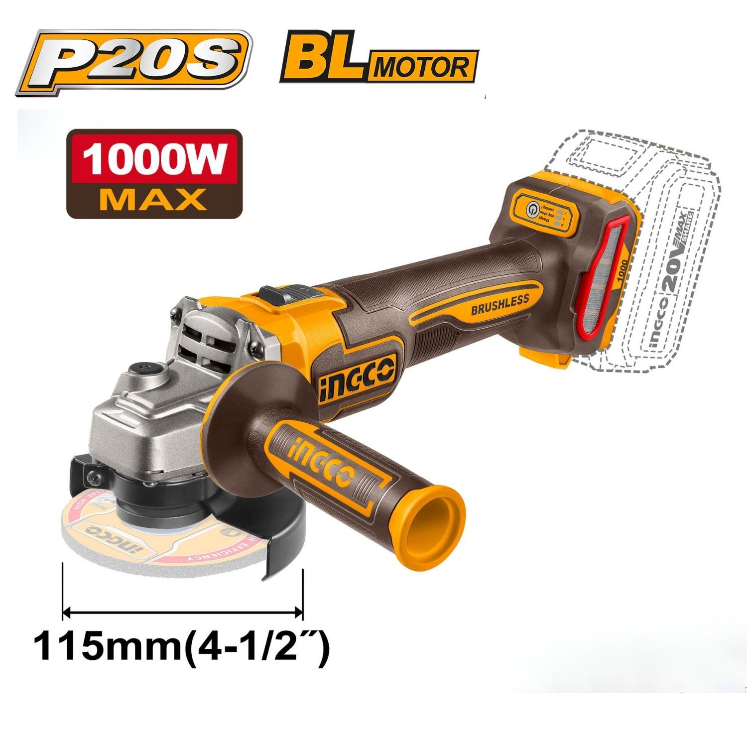 AMOLADORA 4½' 1000W + 1 BATERÍA 4AH Y CARGADOR 20V INGCO - 2