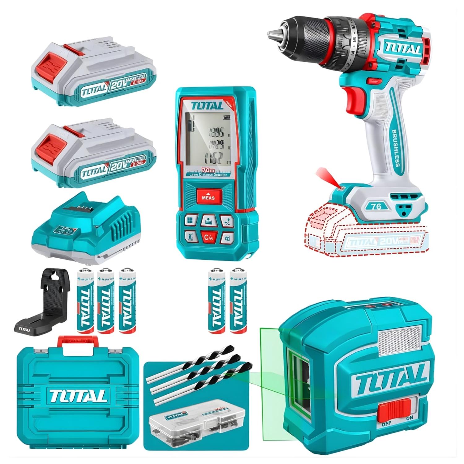 COMBO TALADRO 76NM + NIVEL LASER DE 2 LINEAS + MEDIDOR DE DISTANCIA LASER 70M TOTAL - 1