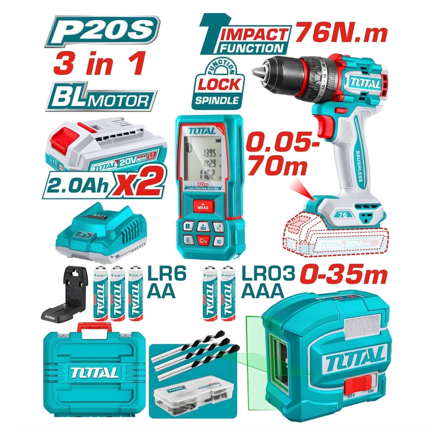 COMBO TALADRO 76NM + NIVEL LASER DE 2 LINEAS + MEDIDOR DE DISTANCIA LASER 70M TOTAL - 2