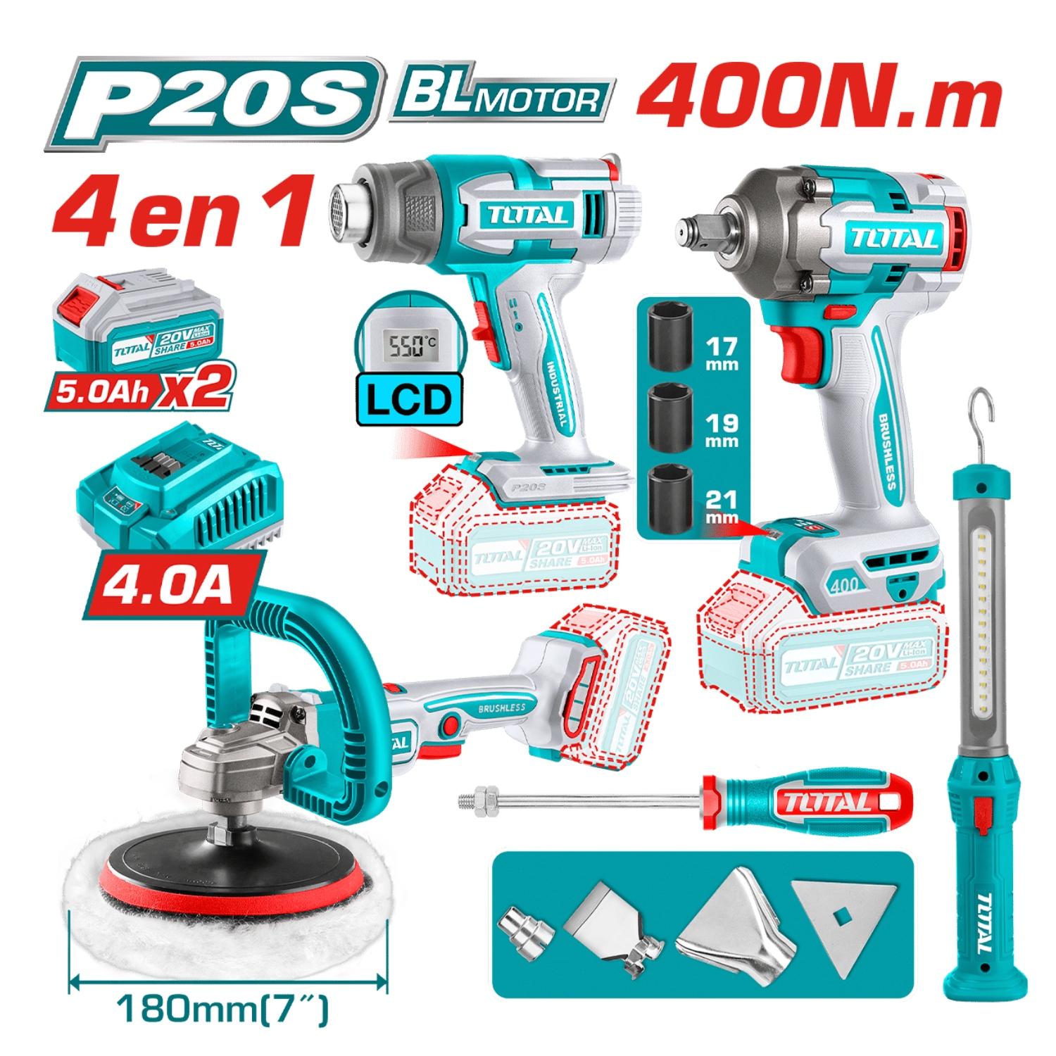 COMO 4 EN 1 LLAVE DE IMPACTO 400NM + PULIDORA + PISTOLA DE CALOR + LINTERNA 20V TOTAL - 4
