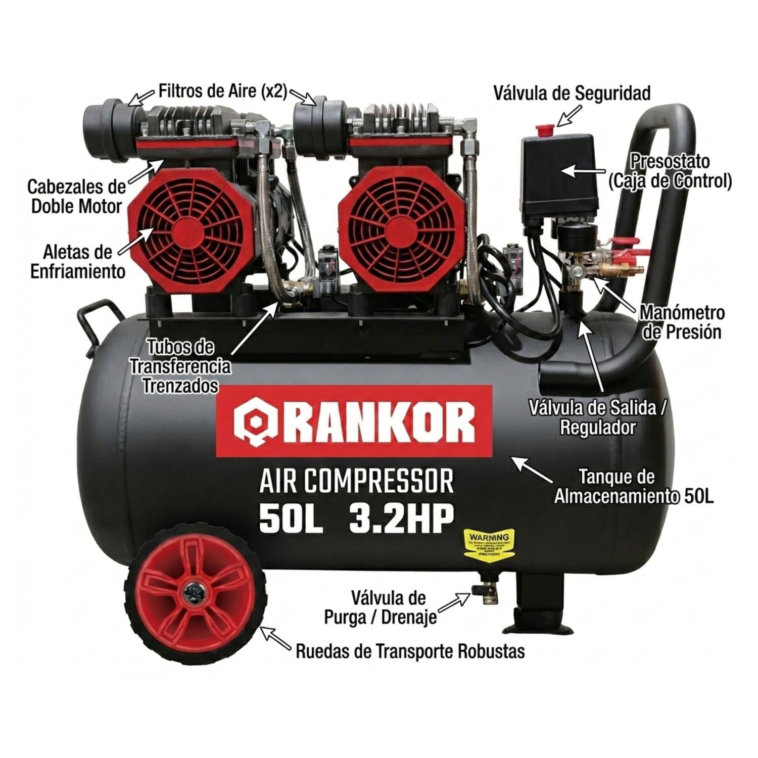 COMPRESORA DE AIRE SILENCIOSA 50L X 3.2HP RANKOR - 4