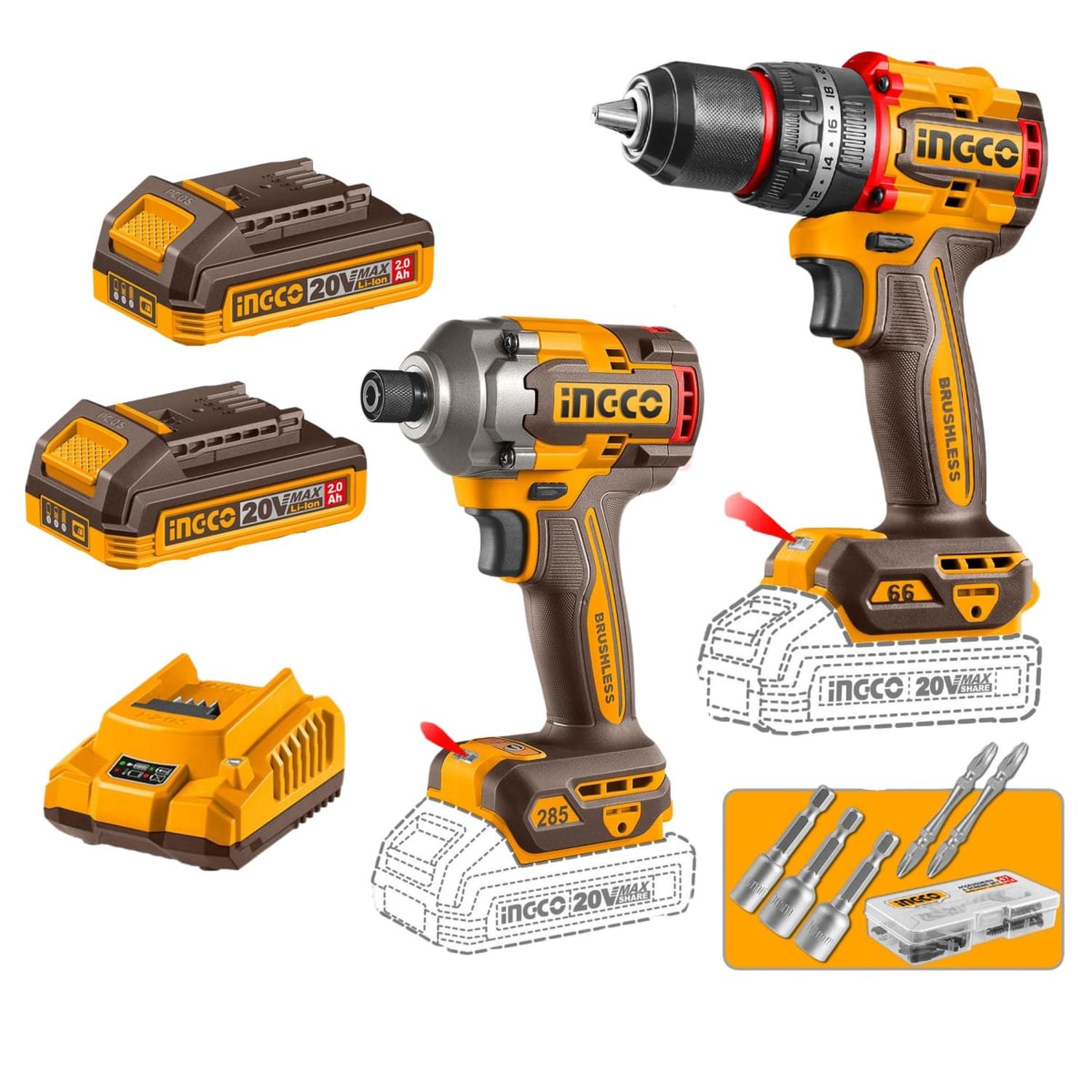 COMBO TALADRO PERCUTOR 66NM + ATORNILLADOR DE IMPACTO 285NM INGCO - 1