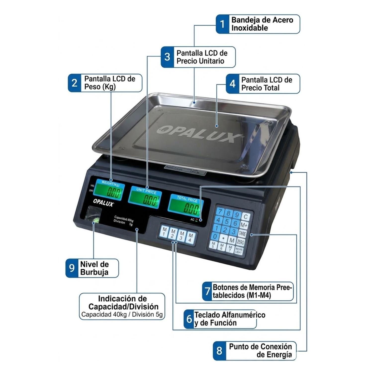 BALANZA DIGITAL RECARGABLE SOPORTA 40KG OPALUX - 4