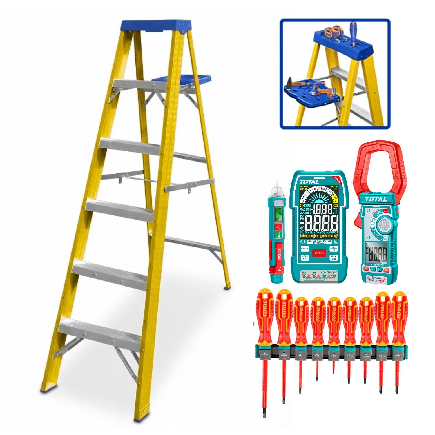 ESCALERA FIBRA DE VIDRIO 5 PASOS WADFOW + KIT ELECTRICISTA TOTAL - 1