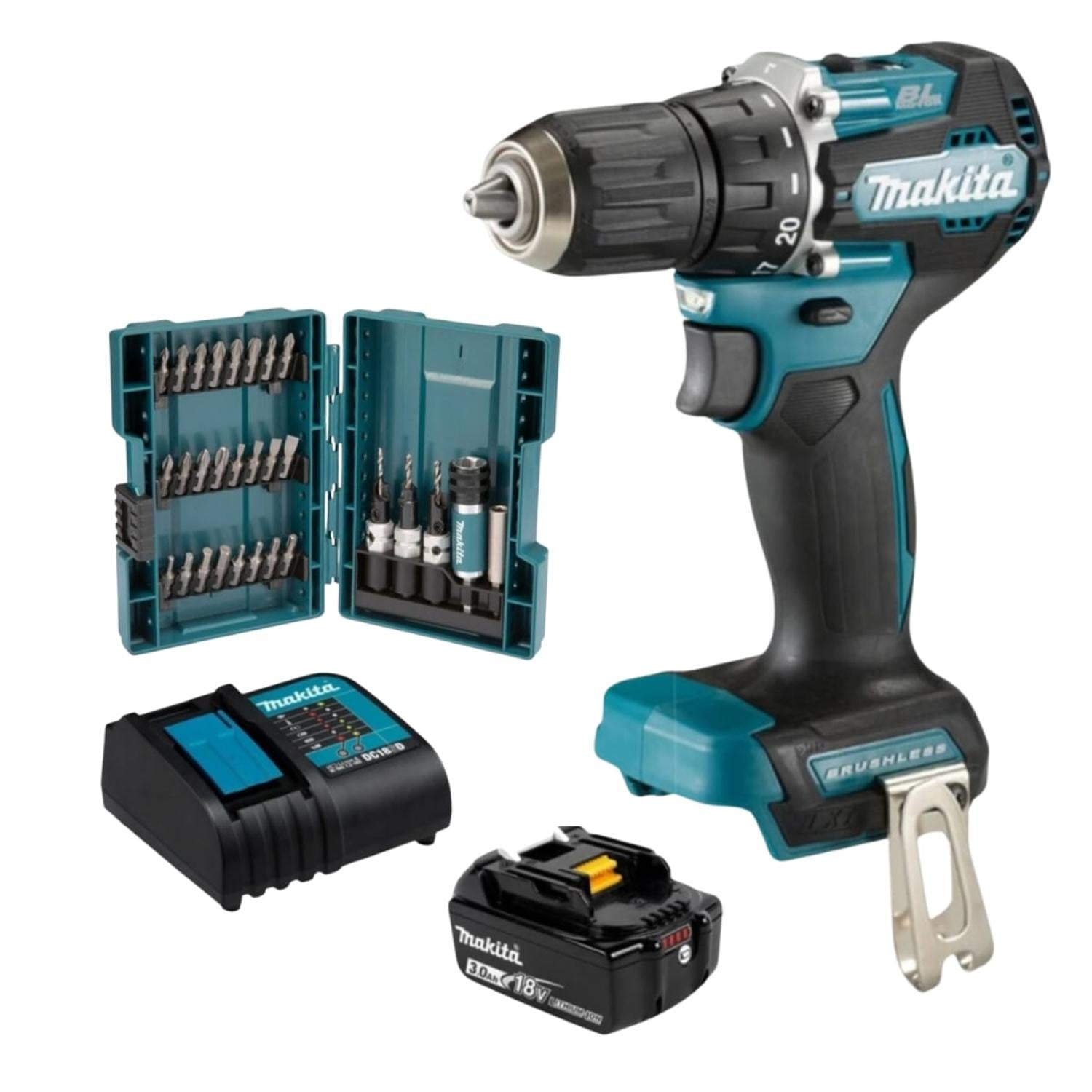 TALADRO PERCUTOR 18V + BATERIA 3AH + 29 ACCESORIOS MAKITA - 1