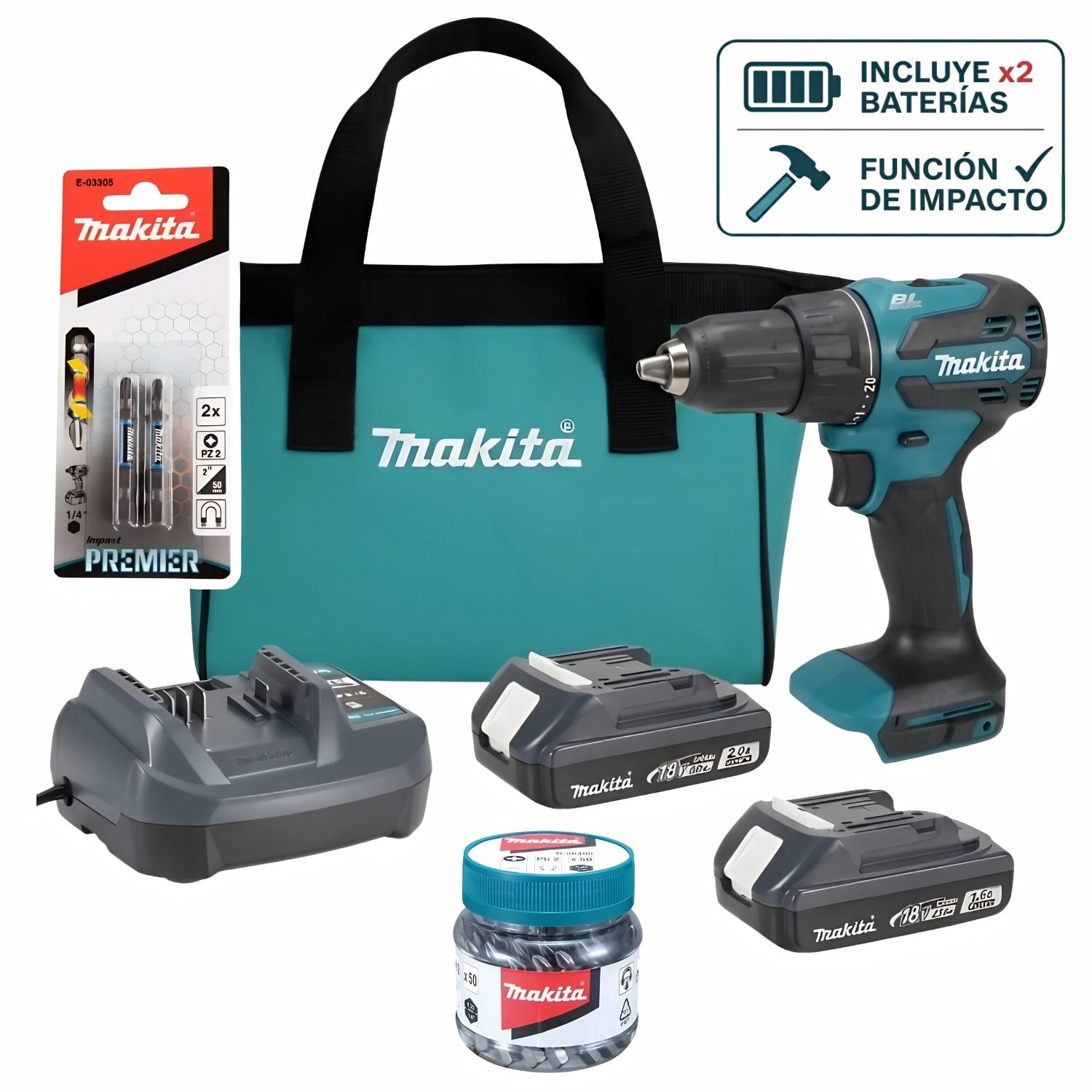 TALADRO PERCUTOR 18V + 2 BATERIAS 2AH + 50 PUNTAS PH2 MAKITA - 1