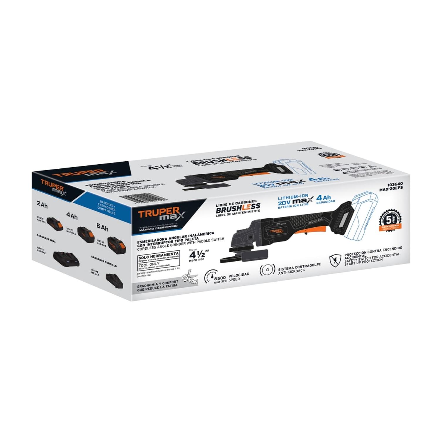 AMOLADORA 4 1/2' 20V INT. PALETA (SOLO CUERPO) TRUPER MAX - 4