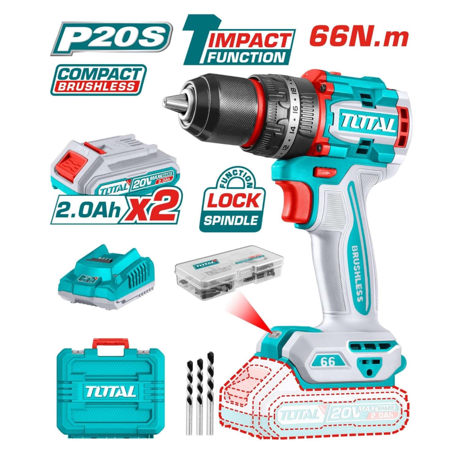 TALADRO ATORNILLADOR 66NM + 2 BAT 2AH 20V + ACCESORIOS TOTAL - 4