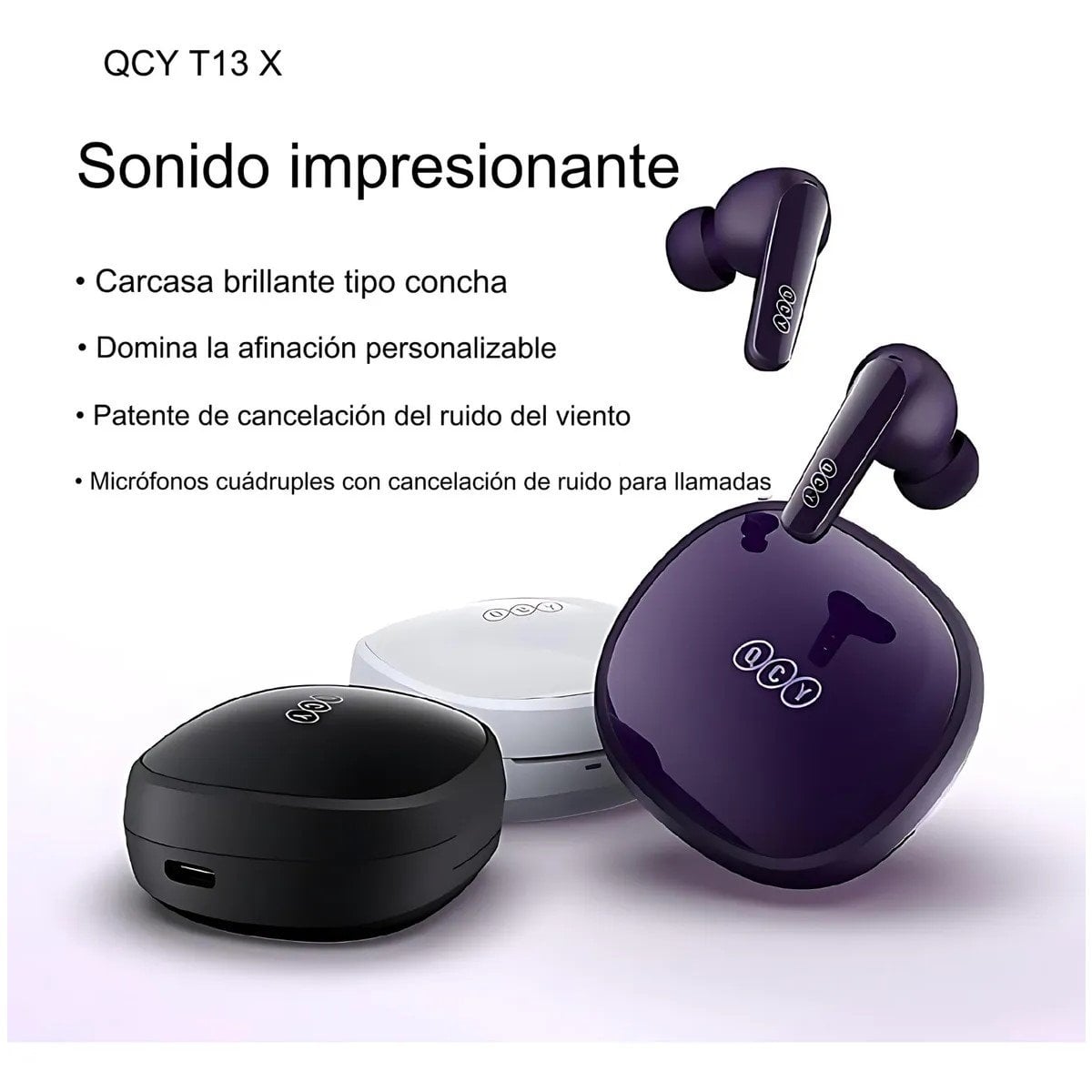 AUDÍFONOS QCY T13X BLUETOOTH 5.3 IPX5 TWS ENC - MORADO - 4