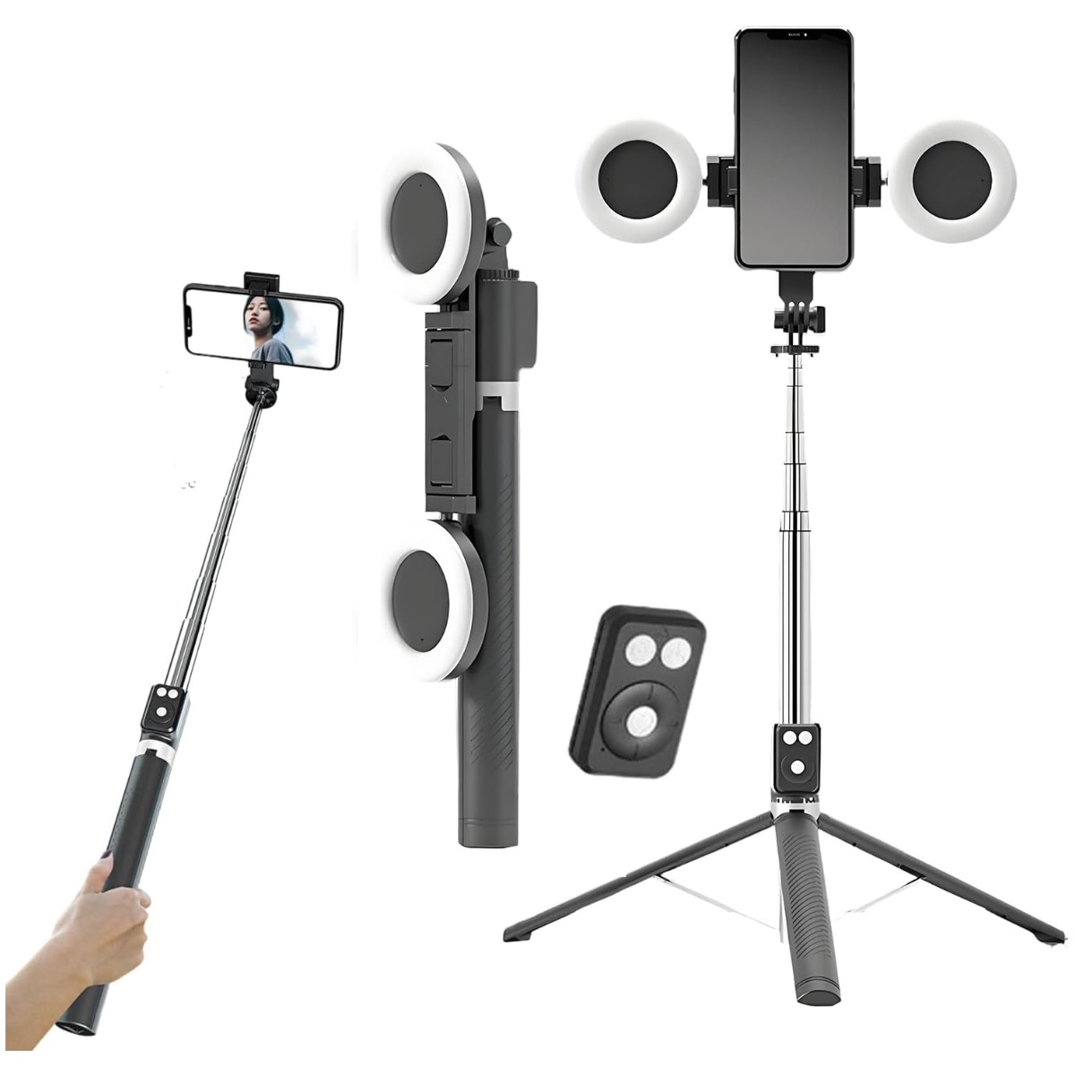 TRÍPODE PALO SELFIE STICK CON CONTROL BLUETOOTH DOBLE ARO LUZ LED 1. 70 MT - 3