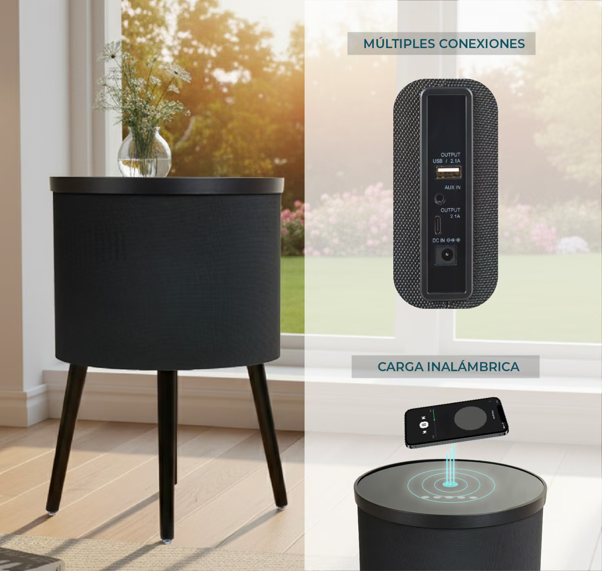 MESA CON PARLANTES BLUETOOTH CARGADOR INALAMBRICO USB PARA CELULARES LUCES LED ENTRADA AUX REDONDA - 3