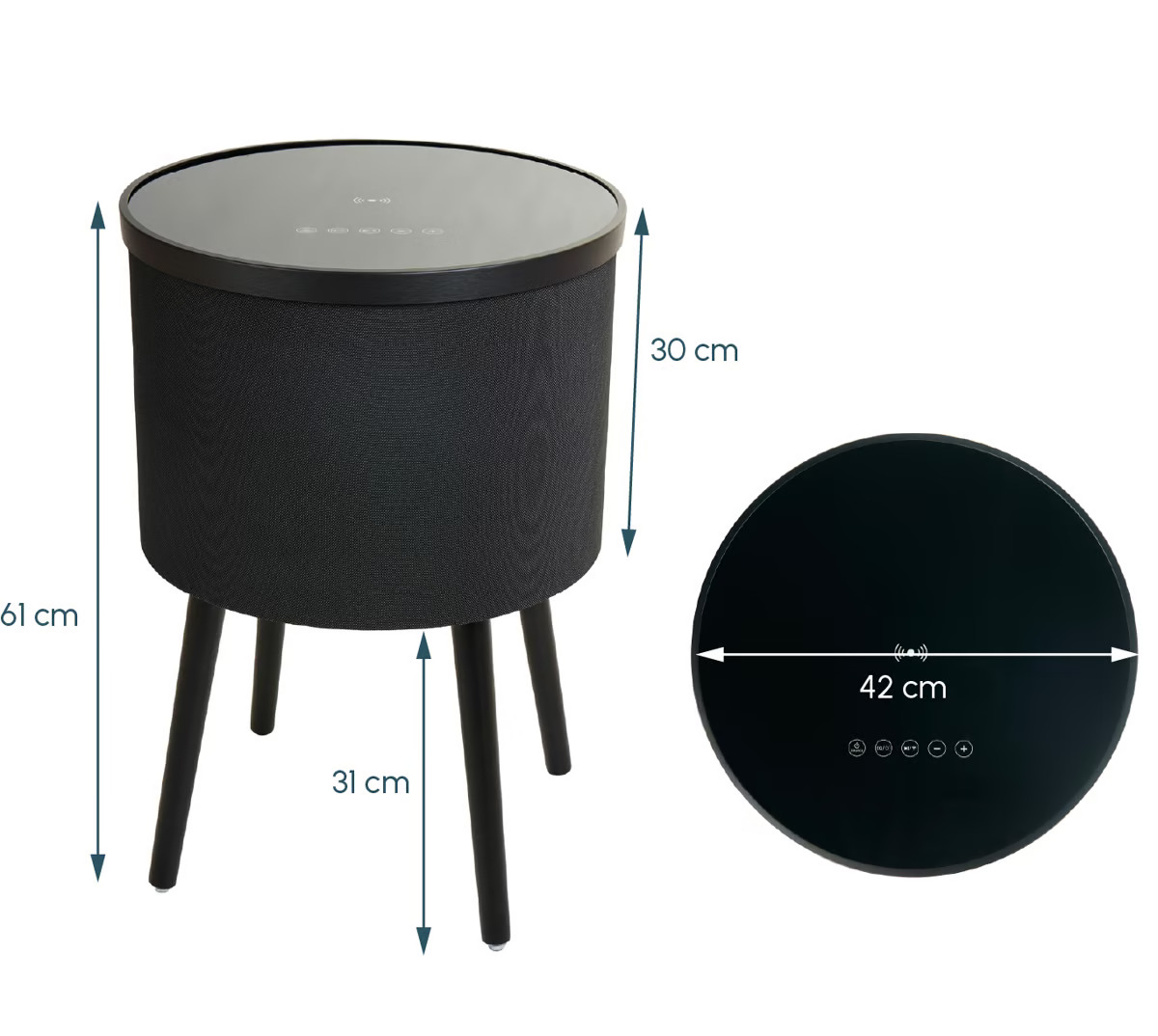 MESA CON PARLANTES BLUETOOTH CARGADOR INALAMBRICO USB PARA CELULARES LUCES LED ENTRADA AUX REDONDA - 6