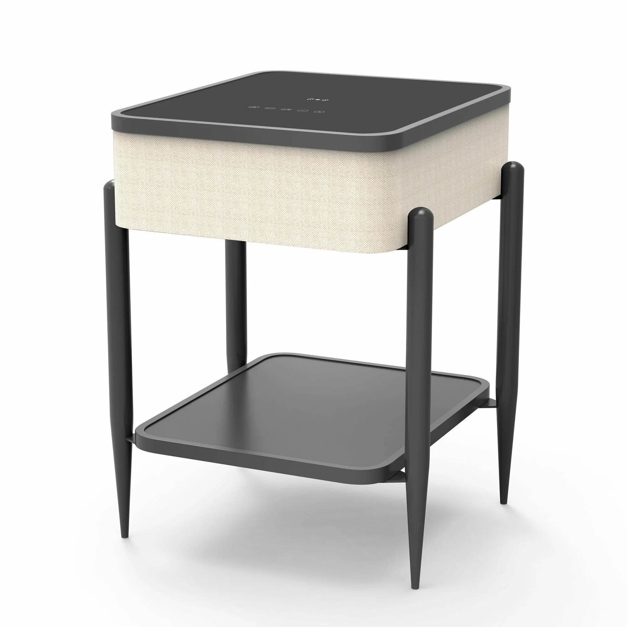 MESA CON REPISA Y PARLANTES BLUETOOTH CARGADOR INALAMBRICO USB PARA CELULARES LUCES LED ENTRADA AUX - 1