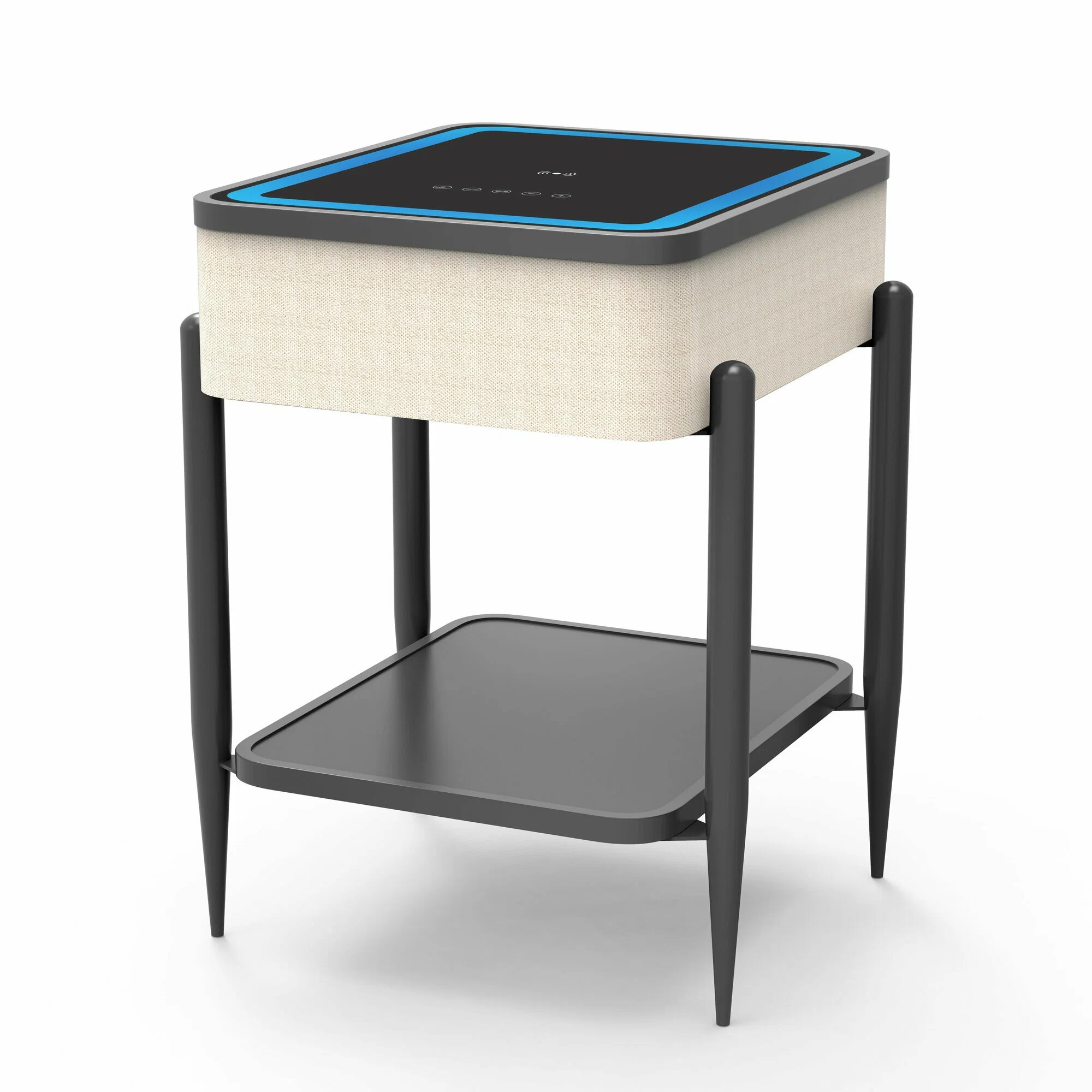 MESA CON REPISA Y PARLANTES BLUETOOTH CARGADOR INALAMBRICO USB PARA CELULARES LUCES LED ENTRADA AUX - 10