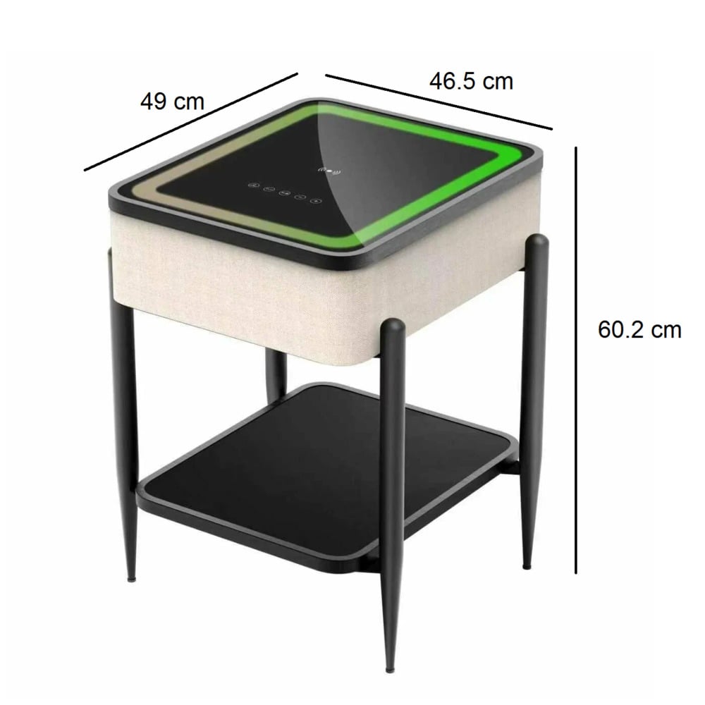 MESA CON REPISA Y PARLANTES BLUETOOTH CARGADOR INALAMBRICO USB PARA CELULARES LUCES LED ENTRADA AUX - 2