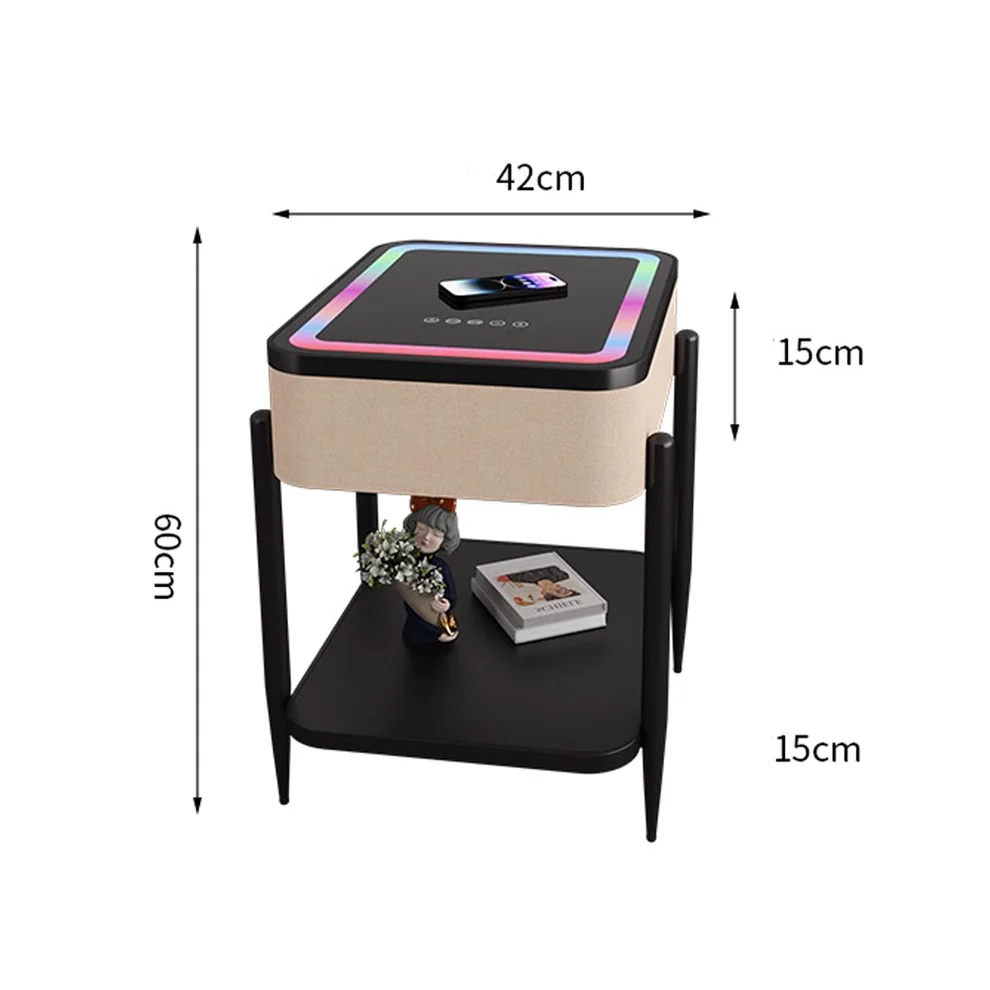 MESA CON REPISA Y PARLANTES BLUETOOTH CARGADOR INALAMBRICO USB PARA CELULARES LUCES LED ENTRADA AUX - 3