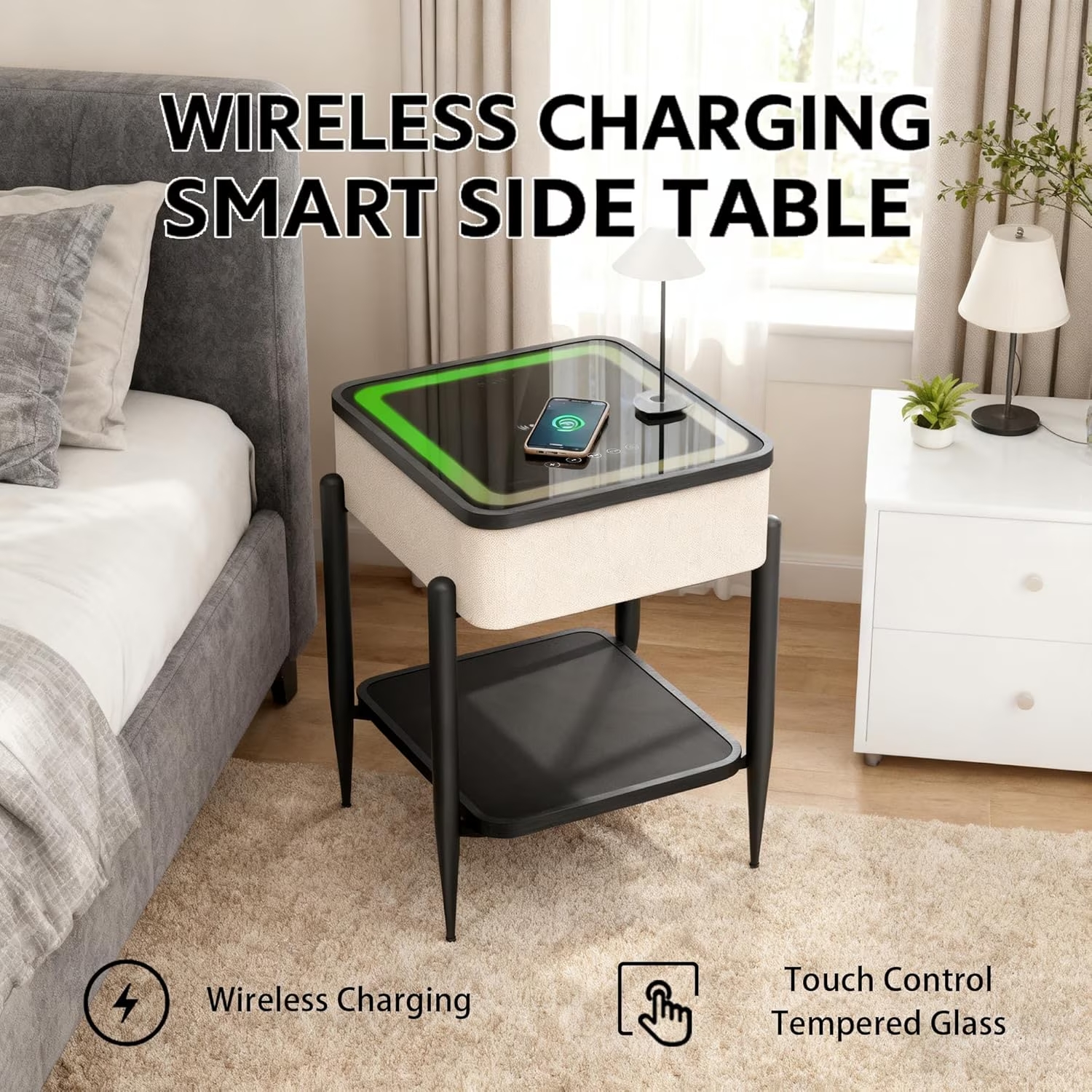 MESA CON REPISA Y PARLANTES BLUETOOTH CARGADOR INALAMBRICO USB PARA CELULARES LUCES LED ENTRADA AUX - 4