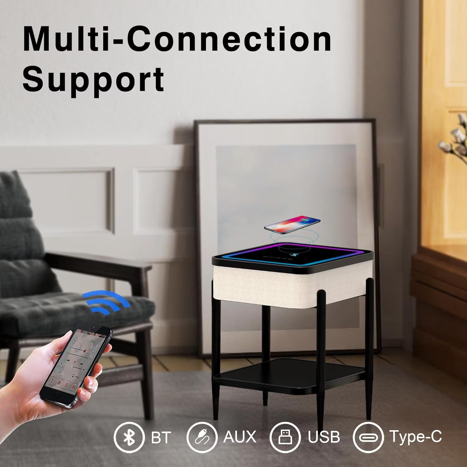 MESA CON REPISA Y PARLANTES BLUETOOTH CARGADOR INALAMBRICO USB PARA CELULARES LUCES LED ENTRADA AUX - 6