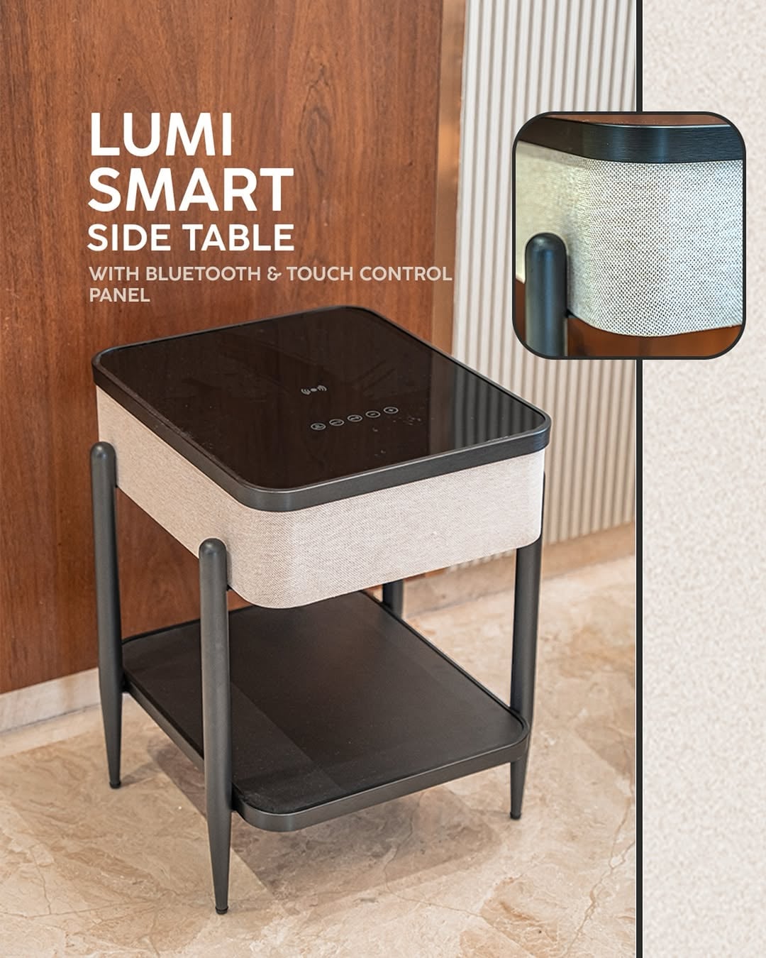 MESA CON REPISA Y PARLANTES BLUETOOTH CARGADOR INALAMBRICO USB PARA CELULARES LUCES LED ENTRADA AUX - 7