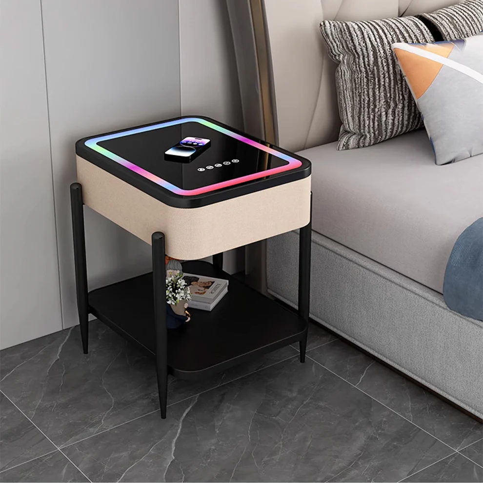 MESA CON REPISA Y PARLANTES BLUETOOTH CARGADOR INALAMBRICO USB PARA CELULARES LUCES LED ENTRADA AUX - 9